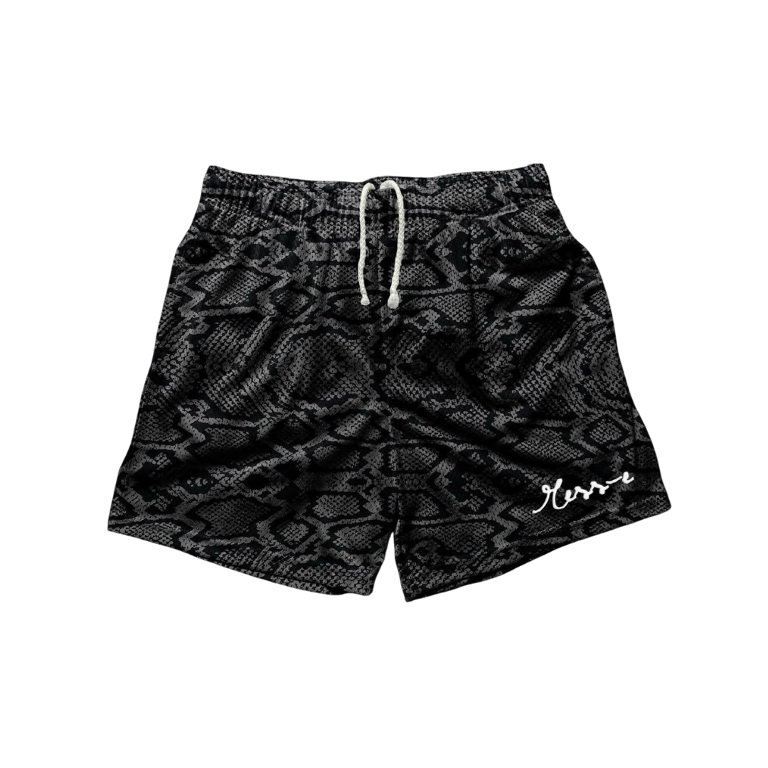 Black Snakeskin Mesh Shorts